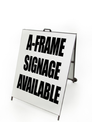 Metal A-frame with white corrugated plastic sign saying "A-Frame Signage Available" - call Infinite Print Brisbane today