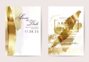 Gold Foil Printing Wedding Invitations - front and back of white wedding invitation with random placed gold strokes with Infinite Print Brisbane