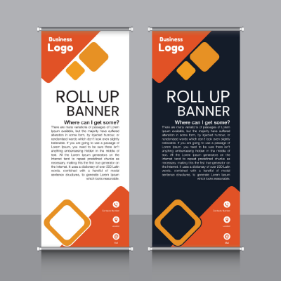 Roll Up Banners in white and black with orange shapes and white writing - Best Banner Printing Brisbane - Call Infinite Print today