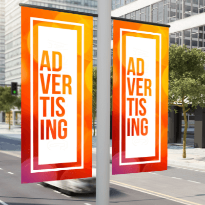 "Advertising" in large block letters on orange and white double signs on street pole - Best Flag Printing in Brisbane - call Infinite Print today