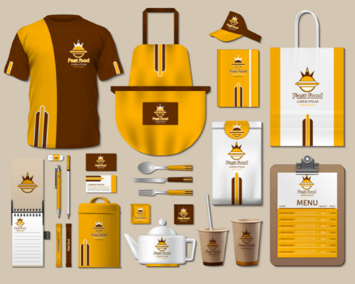 White, yellow and brown promotional products with "Fast Food" including T-Shirt, Apron, Hat, Menu, bag, paper cups, etc - Brisbane's best Promotional Products Printing - Call Infinite Print today